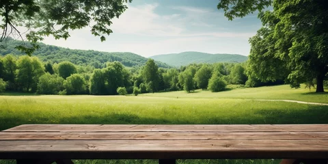 Fototapeten Empty wooden picnic table on a green meadow with trees on back with shadows in a open park space, idea of outdoor picnic, hiking, with copy space. © Jasper W