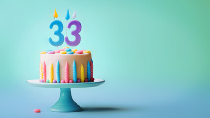 33rd year birthday cake on isolated colorful pastel background - obrazy, fototapety, plakaty