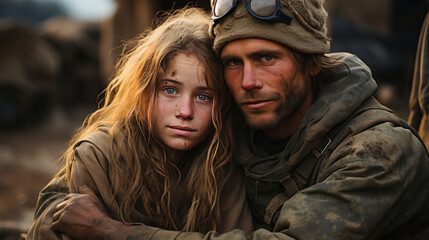 Fototapeta premium Father in full military uniform He was hugging his daughter to say goodbye to go on a mission,generative ai