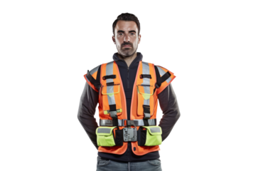 Front view of male engineer with architectural plans.isolated tranparent background