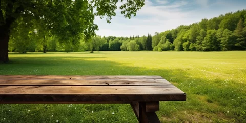 Foto op Plexiglas Empty wooden picnic table on a green meadow with trees on back with shadows in a open park space, idea of outdoor picnic, hiking, with copy space. © Jasper W
