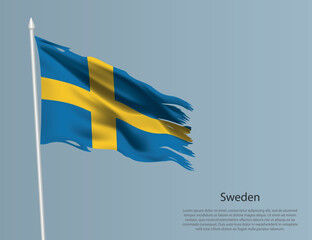 Ragged national flag of Sweden. Wavy torn fabric on blue background