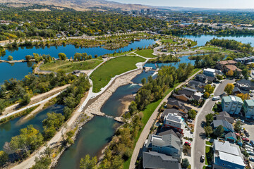 City water park with ponds and the Boise River in Boise, Idaho