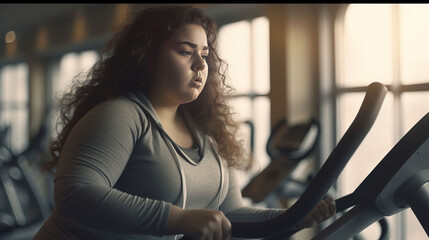 Fat woman in the new modern gym day time