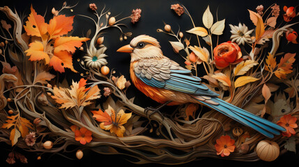 Illustration of a bird on a branch with autumn leaves