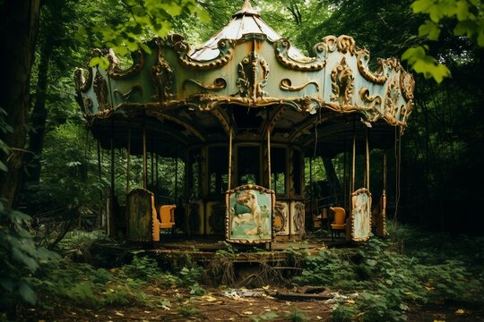 An Abandoned Carousel in an Overgrown Park.