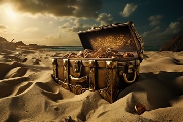 An Aged Treasure Chest Half-Buried in the Sand.