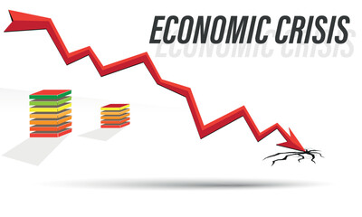 Financial crisis, drop in financial profitability, business failure, economy crash, bankruptcy unpaid loan debt. Down money arrow, negative chart, losing profits. Global economic money problem