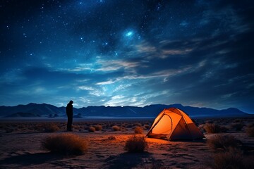 A Backpacker Camping under the Stars in Remote Isolation.