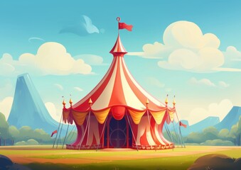 A circus tent surrounded by mountains