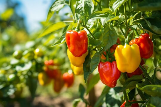 Freshly Harvested Vibrant Bell Peppers in a Sunny Garden.
