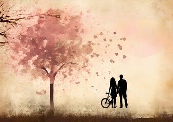 A couple standing next to a bicycle under a tree