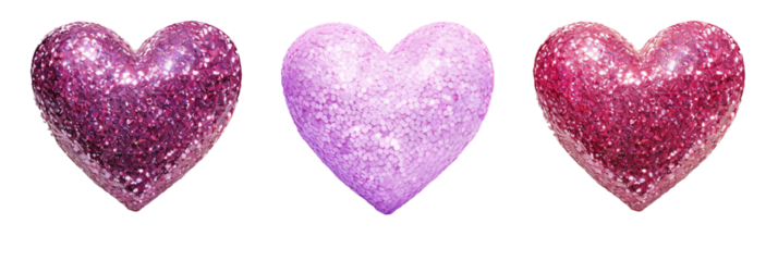 Glittery 3D hearts isolated