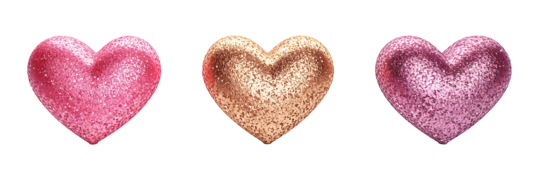 Glittery 3D hearts isolated