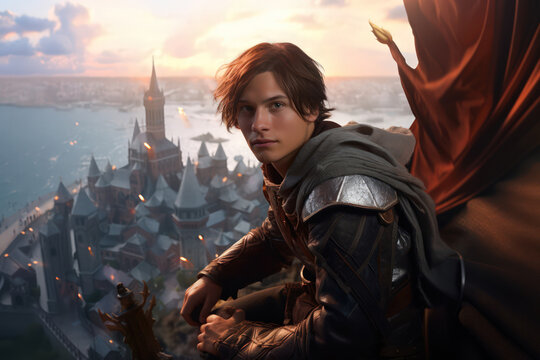 Beautiful medieval boy adventurer cosplay above city. Fairy tale illustration made with Generative AI