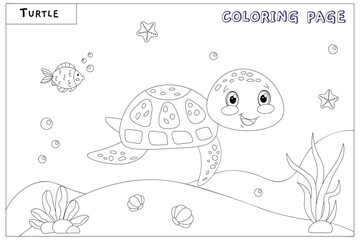 Cute smiling turtle, with drawn elements in black and white