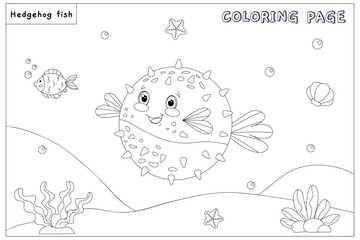 Cute vector fish hedgehog, with drawn elements in black and white