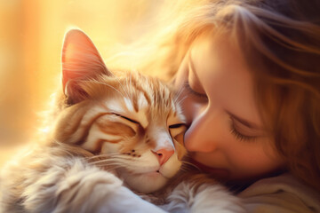 The woman is sleeping with her cat, their faces close. A peaceful and trusting sleeping expression. Love and bonding grow every day. A concept for growth, achievement, and affection.