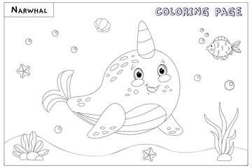 Cute smiling narwhal, unicorn with drawn elements in black and white