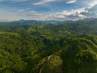 Fototapeta na wymiar River and mountain rainforest. Blue sky and clouds. Mindanao, Philippines.