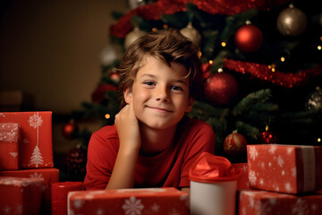 Fototapeta na wymiar Joyful Surprise Boy's Delight in Christmas Present