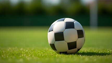 Close up of a Soccer Ball with white and anthracite Patterns. Blurred Football Pitch Background