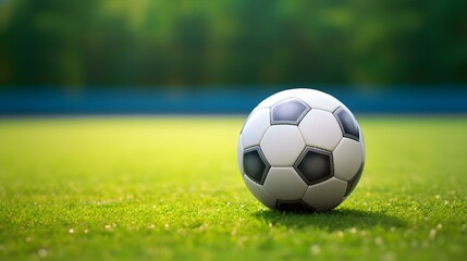 Fototapeta premium Close up of a Soccer Ball with white and anthracite Patterns. Blurred Football Pitch Background