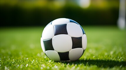 Fototapeta premium Close up of a Soccer Ball with white and anthracite Patterns. Blurred Football Pitch Background