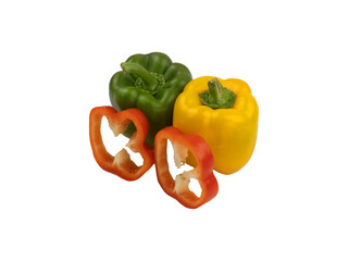 Green, Yellow And Fresh Tasty Red Slice Capsicum Or Sweet Pepper On White Background