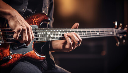 A close up photograph of a bass guitar player's hands skillfully maneuvering the strings, capturing...