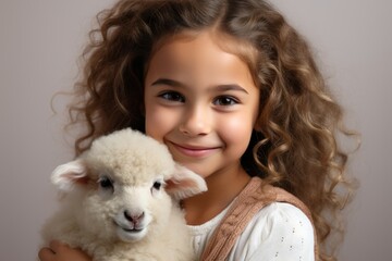 happiness cute girl children hand hold her love pet lamb standing against white wall playful kid with lamp lifesyle