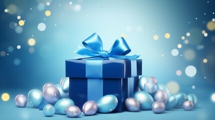 Easter day design. Realistic blue gifts boxes. Open gift box full of decorative festive object. Holiday banner, web poster, flyer, stylish brochure, greeting card, cover. Spring Easter background