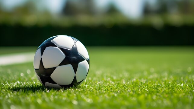 Close up of a Soccer Ball with white and black Patterns. Blurred Football Pitch Background