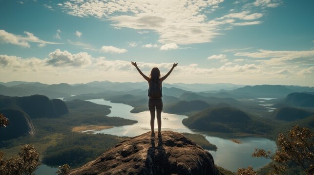 freedom carefree roam alone traveller staning on the hill mountain top with stunning mountain scenery view background successful in life woman explore mountain view background