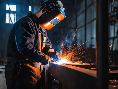 a welder worker works with a welding machine at the enterprise
