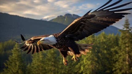 Majestic bald eagle soars above a dense green forest and mountain range for wildlife advertising.
