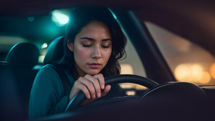 Female driver fell asleep at the wheel of car while traveling at night, emergency situation