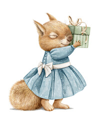 Watercolor Christmas vintage cute little squirrel in dress hugs box with gift present isolated on white background. Hand drawn illustration sketch © Mimomy