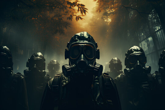 People wearing gas masks against a stark background, symbolizing sense of vulnerability and remembrance - Day of Remembrance for all Victims of Chemical Warfare (30th November)