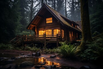 Fototapeta na wymiar A Wooden Cabin in the Heart of a Serene Forest.