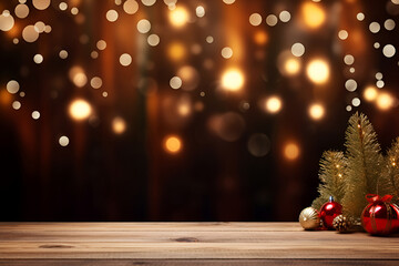 Fototapeta na wymiar New Year's background of brown wooden tabletop with Christmas tree