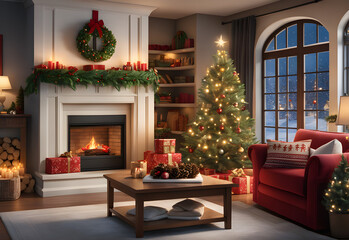 A cozy living room adorned with twinkling lights, a beautifully decorated Christmas tree, and a family sharing joyful moments.