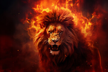 Lion. Head of Lion with a fiery mane. The majestic King of beasts with a flaming,  blazing mane. Regal and powerful. Wild animal. Fire background. Isolated on black. Print. 3D illustration. Ai