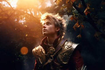 Beautiful prince cosplay in fairy tale in enchanted forest. Fairy tale illustration made with Generative AI
