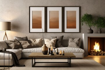 Poster frame on wall in a modern cozy living room with fireplace. Warm interior with apartment background portraying an image. 3D render. Generative AI - obrazy, fototapety, plakaty