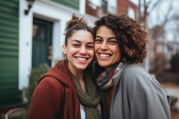Smiling portrait of a lesbian couple in front of a house