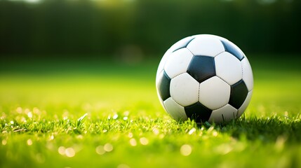 Close up of a Soccer Ball with white and green Patterns. Blurred Football Pitch Background