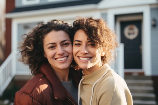 Smiling Portrait Of A Lesbian Couple In Front Of A House