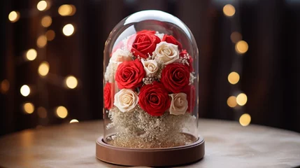 Foto auf Acrylglas For Valentine's Day room décor, eternal red rose and white hydrangea flowers in a crystal dome © Muhammad