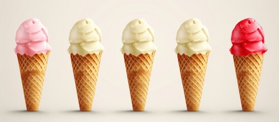 A colorful row of ice cream cones with various delicious flavors